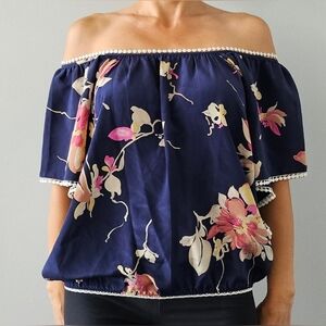 Women's Yumi Kim Navy Blue Pink Floral Print Blouse Small Silk